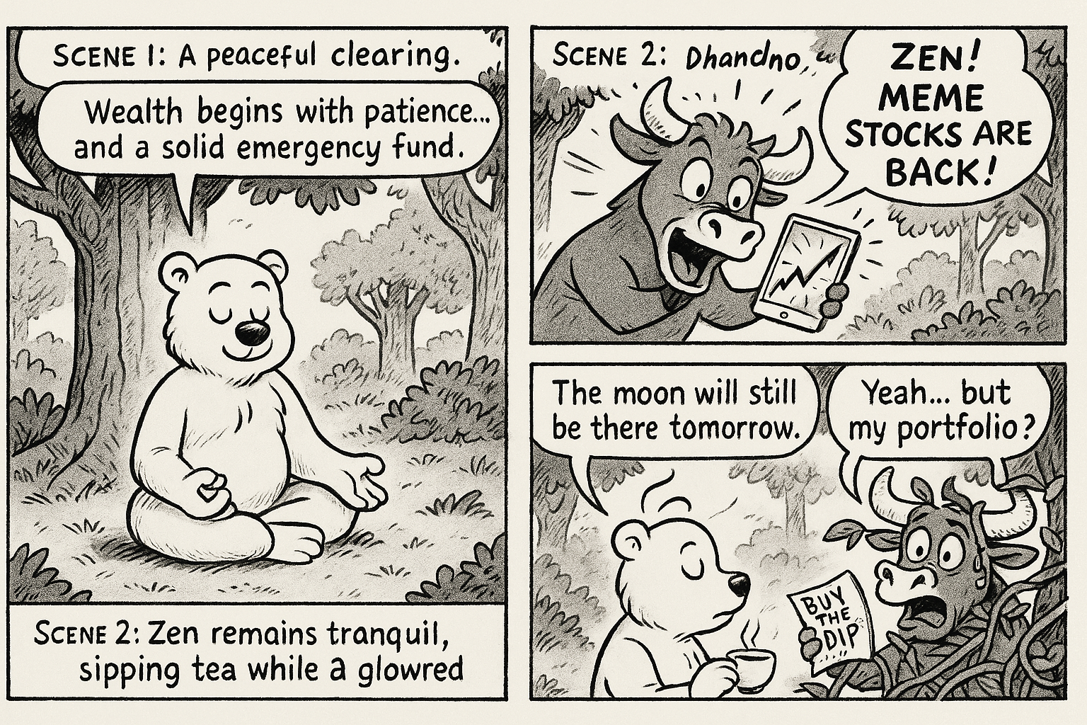 The Zen Forest comic strip: Zen meditates in a clearing while Dhandho bursts in shouting about meme stocks. Zen calmly replies that the moon will still be there tomorrow. Dhandho panics holding a BUY THE DIP sign.
